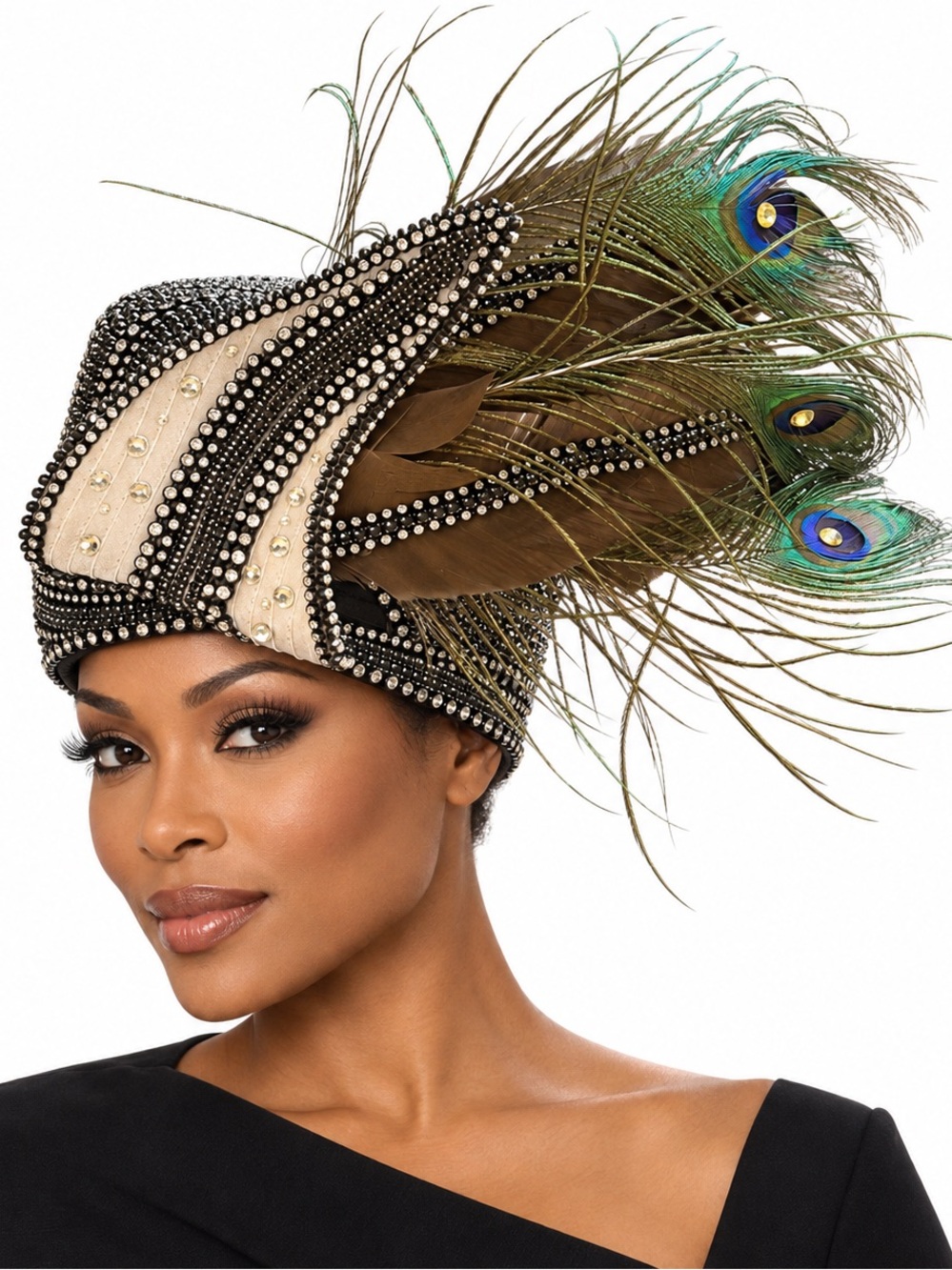NWT - Donna Vinci Couture Rhinestone Peacock Feather Church Hat Black OS
